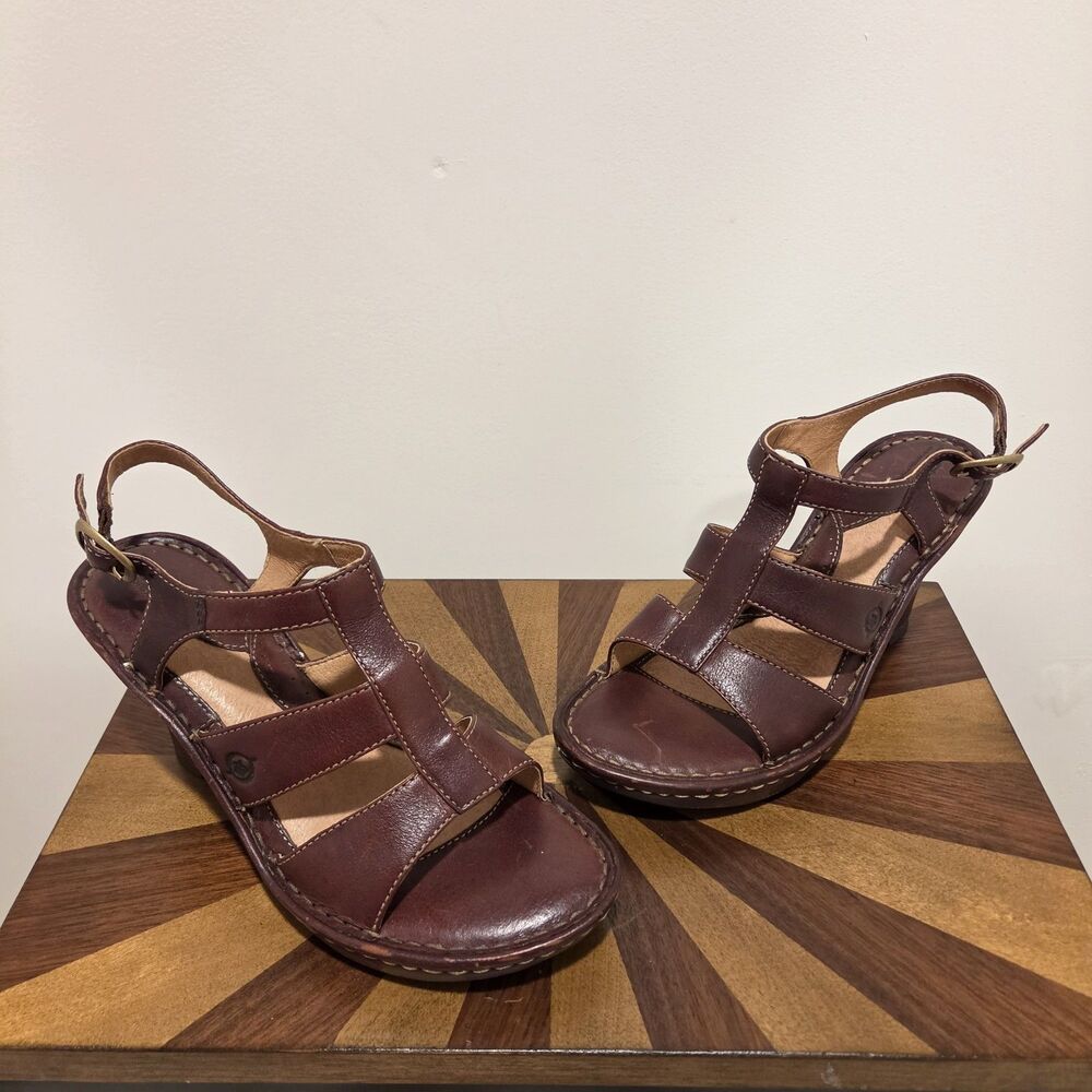 BORN Caged T-Strap Wedge Heeled Sandals US 7 Brown Leather Strappy Boho Hippie